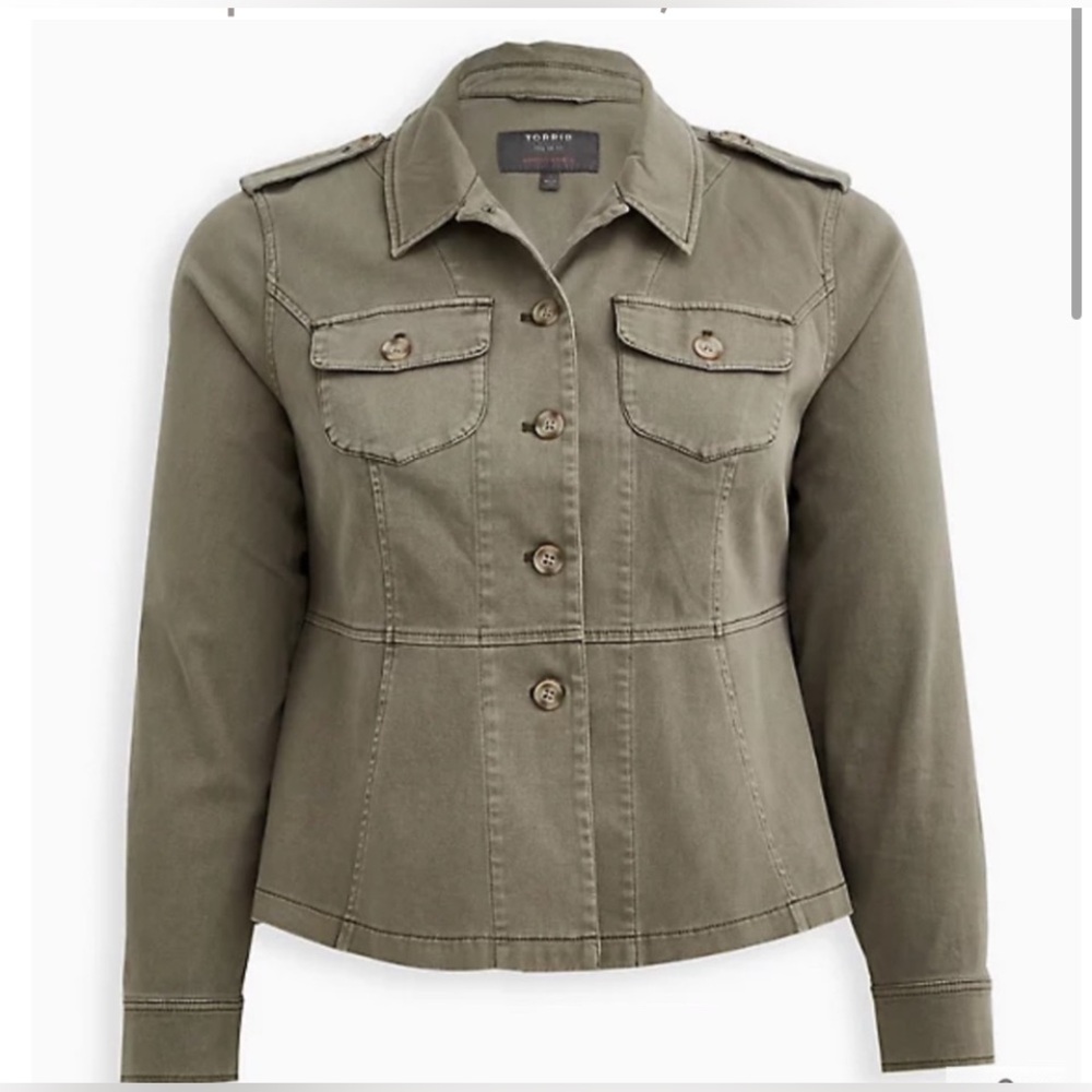 Torrid Twill Military Peplum Jacket Women's 2/2X Green Utility Faded Relaxed
